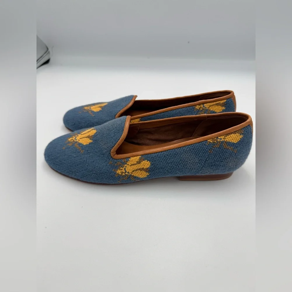 Zalo Blue Floral Needlepoint Loafers with Tan Trim
